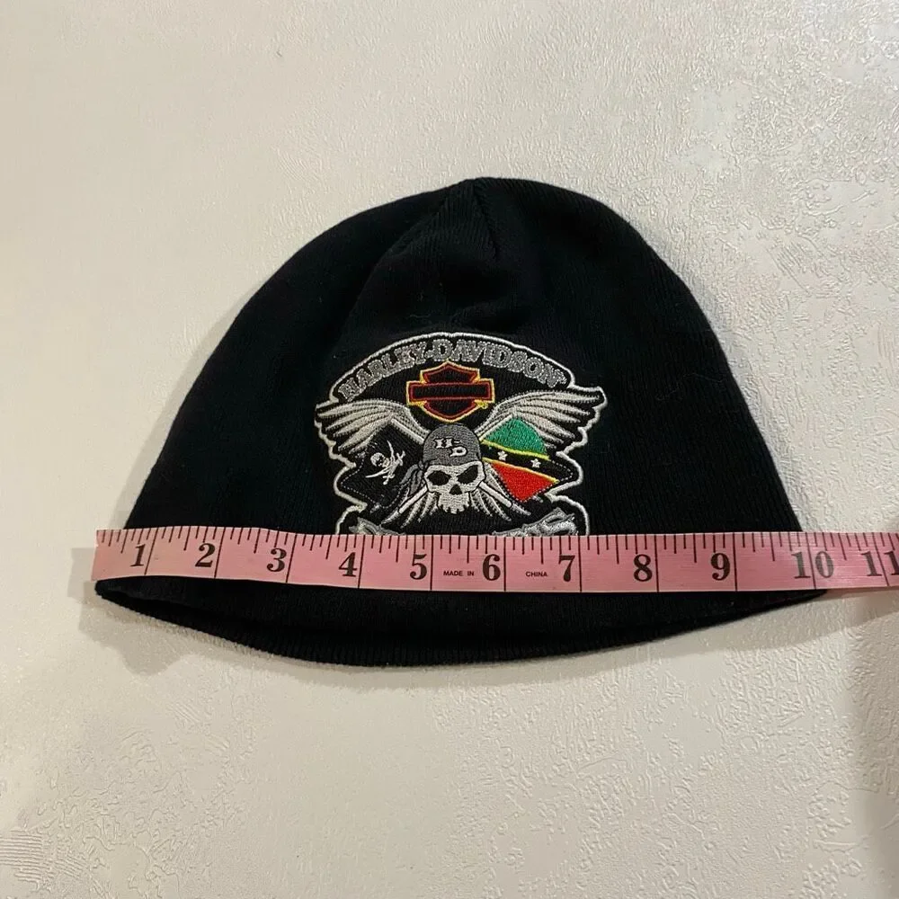 Harley Davidson St Kitts Skull Beanie Hat Black Y2K Biker OS